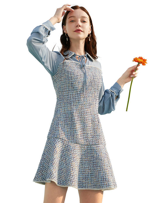 欧芮儿春夏新款长袖雪纺小香风连衣裙女中长款气质鱼尾裙 商品图4