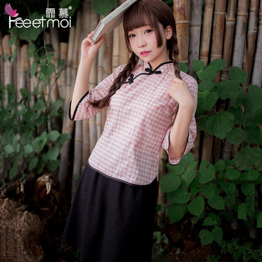 霏慕格子民国学生装七分袖复古制服套装蓝格子7964 商品图3