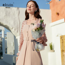 欧芮儿春季新款方领拼接长袖连衣裙女中长款系带收腰a字裙