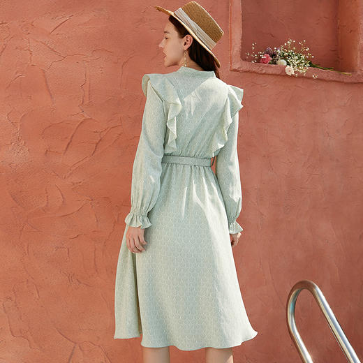 欧芮儿年春新款长袖蝴蝶结绿色印花连衣裙女中长款气质收腰 商品图2