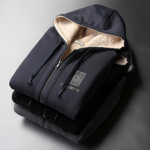 【卫衣男】*男士拉链开衫连帽卫衣宽松大码加绒加厚外套男装羊羔毛带帽衫 商品图0