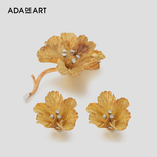 馆藏b773gd1160#织纹雕金拉丝肌理仿真树叶#k金钻石套装胸针耳环