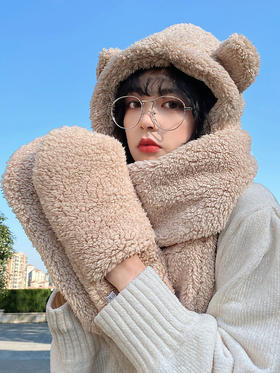【围巾】*小熊帽子女秋冬季百搭毛绒保暖连帽围巾手套一体可爱