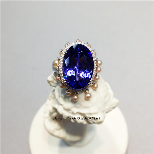 【2021年第一道彩虹】18K白金坦桑石珍珠戒指 商品图1