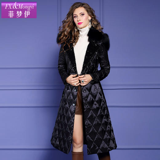 菲梦伊黑色真毛领羽绒服女冬季时尚连帽显瘦亮片白鸭绒中长款外套