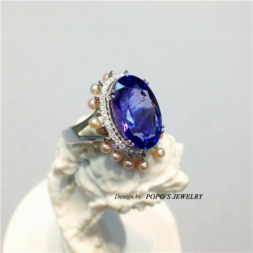 【2021年第一道彩虹】18K白金坦桑石珍珠戒指 商品图4