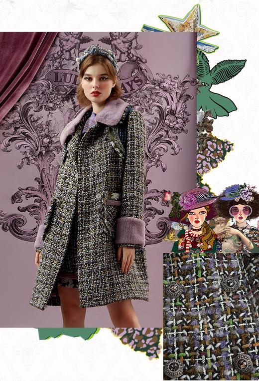 我爱露露 lulualways 复古排扣拼接提花毛呢外套lld6027