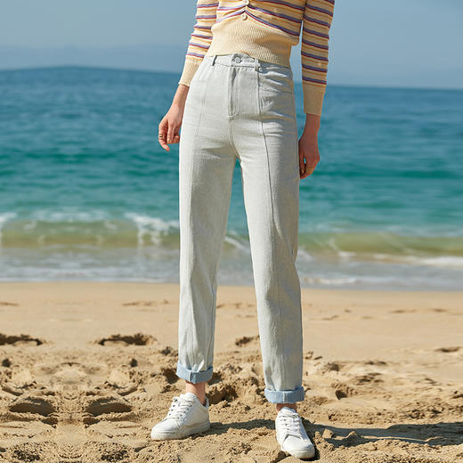 欧芮儿夏新款高腰显瘦直筒牛仔裤女简约时尚百搭浅蓝色长裤 商品图0