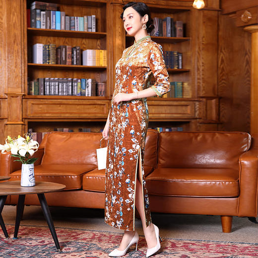 多丽琦2020年新款丝绒印花中国风复古改良旗袍秋冬气质显瘦连衣裙 商品图3