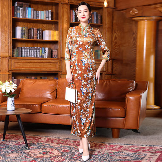 多丽琦2020年新款丝绒印花中国风复古改良旗袍秋冬气质显瘦连衣裙 商品图1