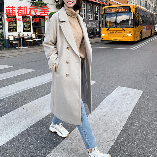 韩都衣舍2019韩版女装冬装新款气质大翻领中长款毛呢外套EK9154囡 商品图4