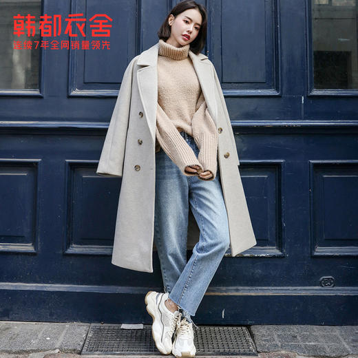 韩都衣舍2019韩版女装冬装新款气质大翻领中长款毛呢外套EK9154囡 商品图1