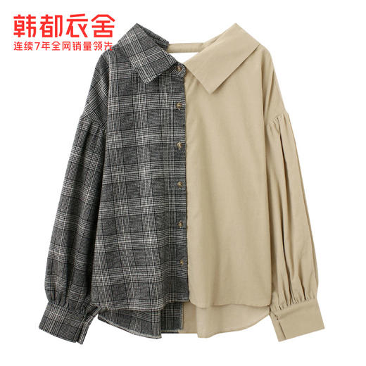 韩都衣舍2020春装新款女装韩版宽松格子上衣休闲长袖衬衫RU0012筱 商品图4