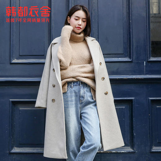 韩都衣舍2019韩版女装冬装新款气质大翻领中长款毛呢外套EK9154囡 商品图2