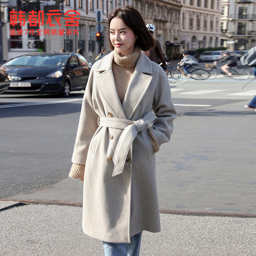 韩都衣舍2019韩版女装冬装新款气质大翻领中长款毛呢外套EK9154囡 商品图0