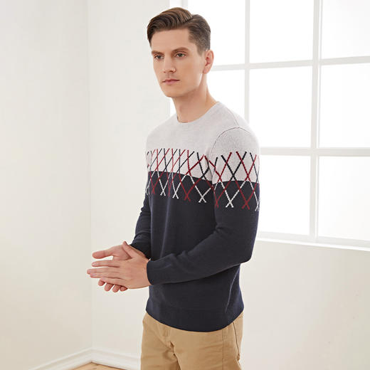 METTE羊绒世家秋冬男圆领100%山羊绒衫时尚撞色印花偏厚保暖毛衣 商品图1