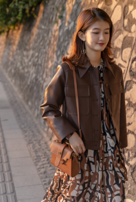 深栗色波纹印花连衣裙搭配烟熏棕色的仿皮外套真的绝美呀！