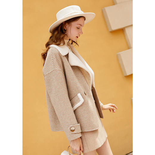 冬装新款长袖双排扣千鸟格双面呢毛呢外套女羊羔毛宽松呢大衣 商品图1