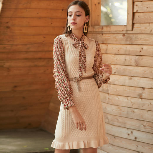 欧芮儿冬装针织背心裙+蝴蝶结碎花雪纺衬衫套装裙子 商品图4