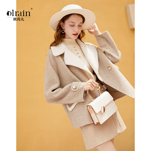 冬装新款长袖双排扣千鸟格双面呢毛呢外套女羊羔毛宽松呢大衣 商品图0