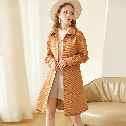 欧芮儿2020春新款长袖粗花呢小香风外套女中长款宽松休闲上衣 商品图1