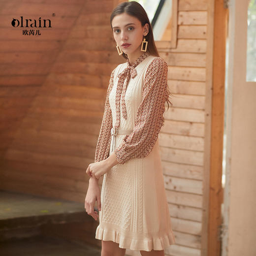 欧芮儿冬装针织背心裙+蝴蝶结碎花雪纺衬衫套装裙子 商品图0