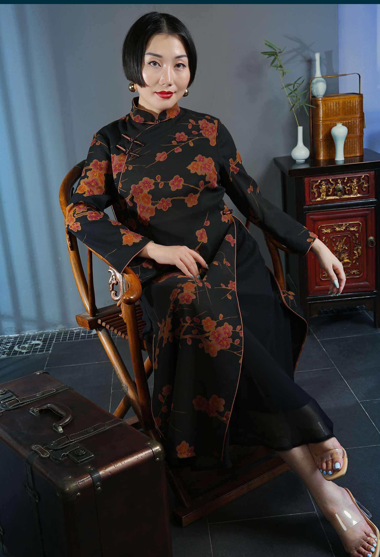 改良复古旗袍黑色修身高开叉长款女中国风老上海日常香云纱连衣裙