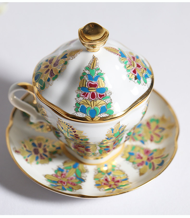 高定俄罗斯皇家瓷器 lomonosov 金色圆舞曲 凤尾花 带盖红茶杯碟