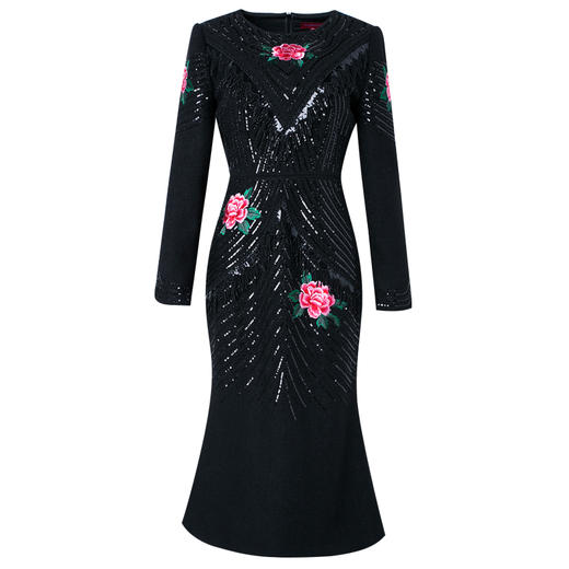 FMY-F20DL36004冬季复古气质优雅绣花黑色毛呢连衣裙 商品图1