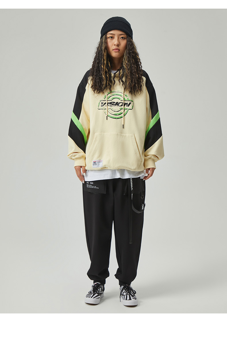 vision street wear20秋冬宽松版电音主题街头风撞色连帽套头卫衣v203