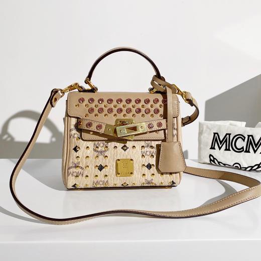 MCM 奶茶色 铆钉碎钻 牛皮 Kelly 斜挎包 商品图0