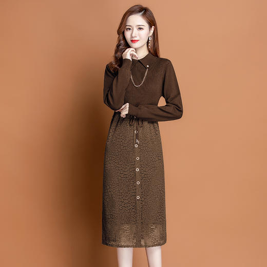 PY-62113   秋冬新款时尚针织套头厚领仙女风金属链条过膝拼接连衣裙 商品图2