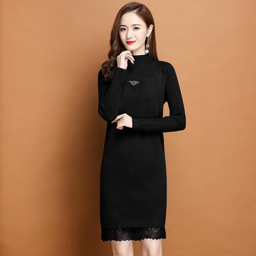 PY-62110      秋冬新款韩版修身蕾丝打底毛衣裙蝴蝶装饰针织气质连衣裙 商品图4