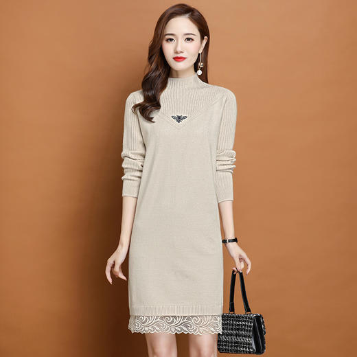 PY-62110      秋冬新款韩版修身蕾丝打底毛衣裙蝴蝶装饰针织气质连衣裙 商品图3