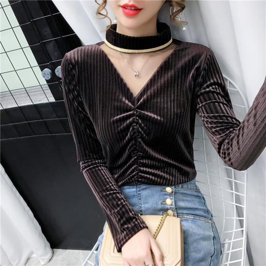 HT-5393新款韩版网纱拼接压褶金丝绒V领打底衫 商品图1