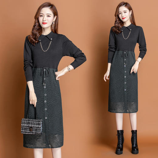 PY-62113   秋冬新款时尚针织套头厚领仙女风金属链条过膝拼接连衣裙 商品图0