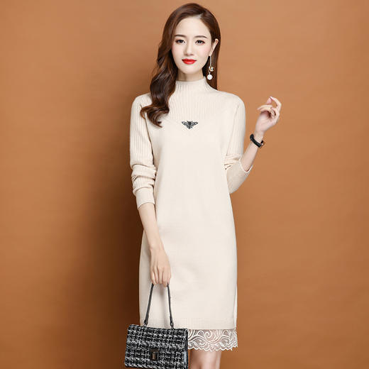 PY-62110      秋冬新款韩版修身蕾丝打底毛衣裙蝴蝶装饰针织气质连衣裙 商品图2