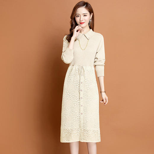 PY-62113   秋冬新款时尚针织套头厚领仙女风金属链条过膝拼接连衣裙 商品图3