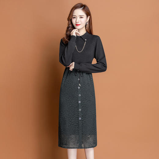 PY-62113   秋冬新款时尚针织套头厚领仙女风金属链条过膝拼接连衣裙 商品图5
