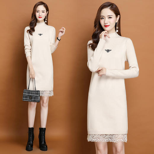 PY-62110      秋冬新款韩版修身蕾丝打底毛衣裙蝴蝶装饰针织气质连衣裙 商品图1