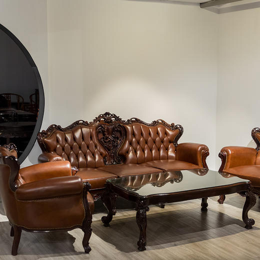 民国 红木草叶纹软包海派西洋沙发成套(一套四件)