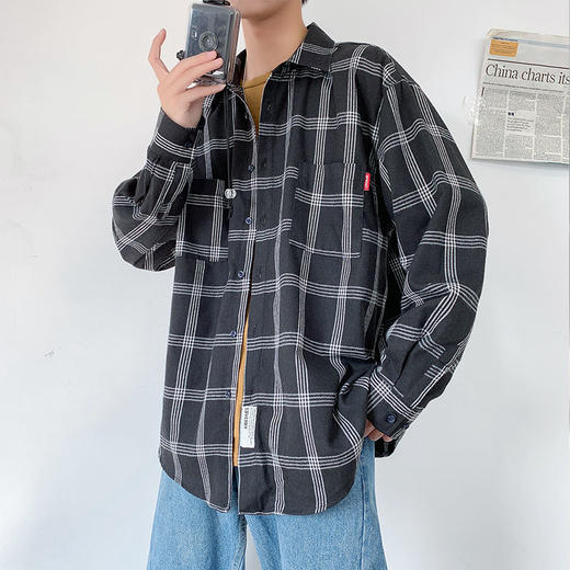 韩版宽松格子衬衣潮流休闲情侣外套新款黑色秋装港风衬衫长袖打底 商品图3