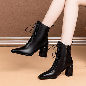 OLD-C3122冬季新款时尚百搭加绒系带粗跟短靴