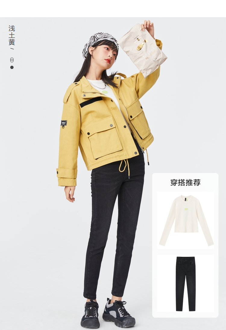 森马夹克女宽松立领时尚工装大口袋牛仔外套2021春季新款纯棉帅气
