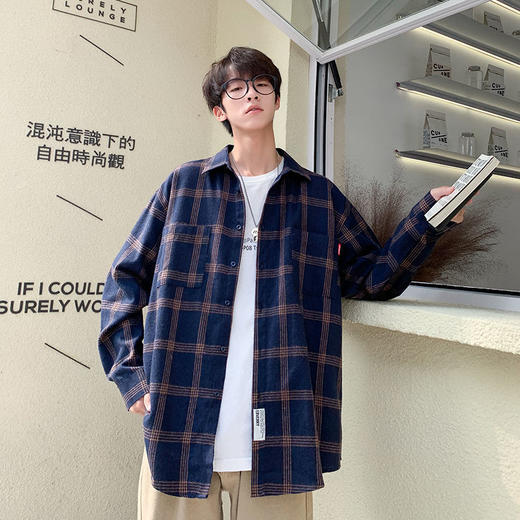 韩版宽松格子衬衣潮流休闲情侣外套新款黑色秋装港风衬衫长袖打底 商品图4