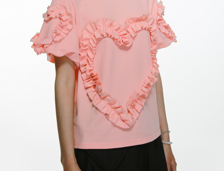 studio1till8 1到8商店 原宿橘粉色少女荷叶边爱心泡泡袖t恤短袖