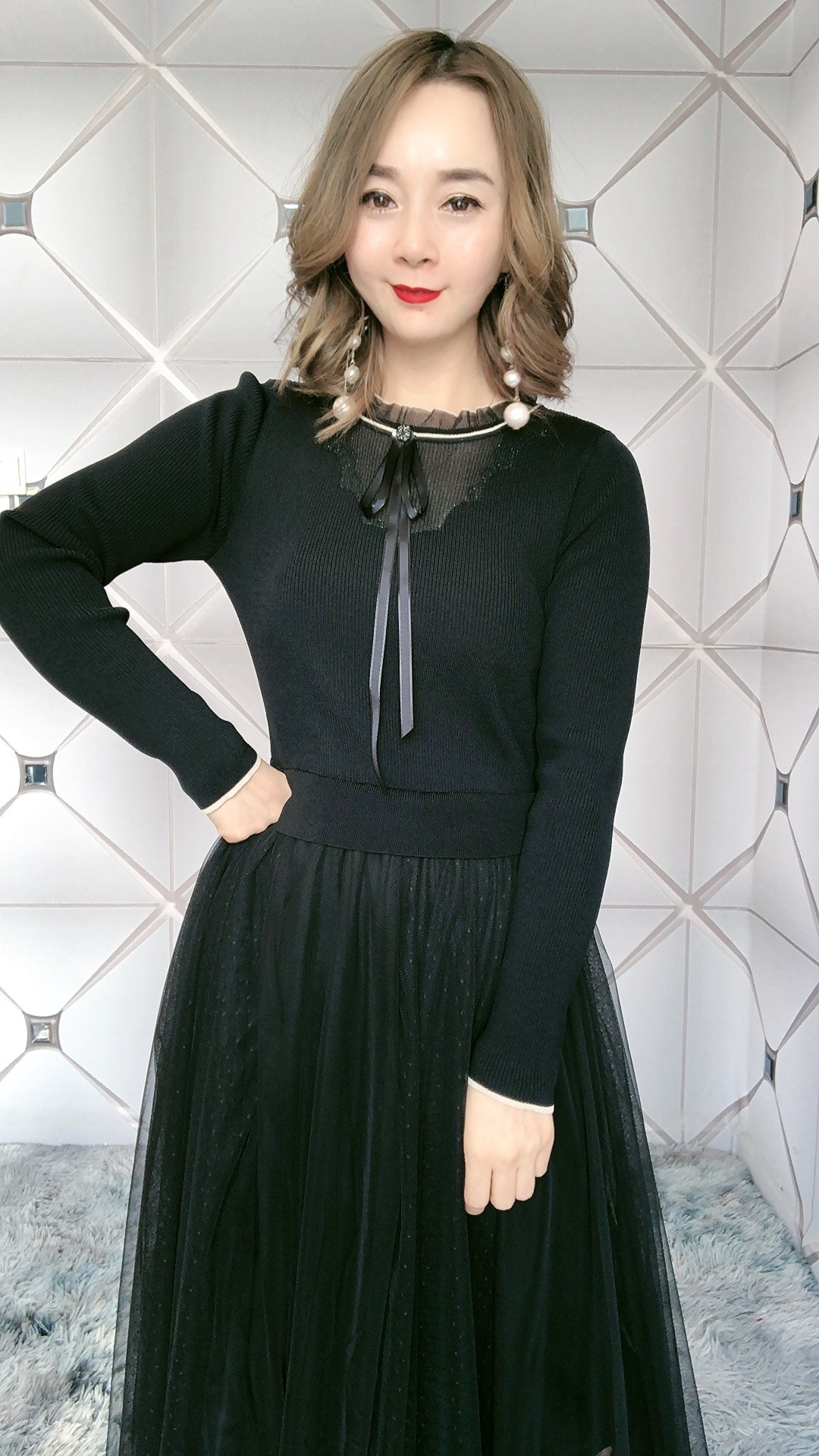 21863蝴蝶结纱领黑纱裙