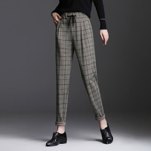 上海旗袍厂MYX-TT-X216经典格子裤女高腰显瘦束脚2021新款哈伦裤松紧腰直筒长裤格纹女裤 商品图2