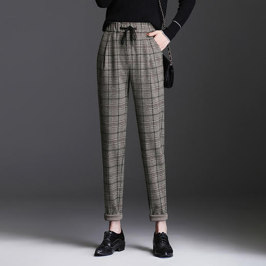 上海旗袍厂MYX-TT-X216经典格子裤女高腰显瘦束脚2021新款哈伦裤松紧腰直筒长裤格纹女裤 商品图0