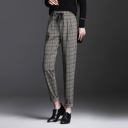 上海旗袍厂MYX-TT-X216经典格子裤女高腰显瘦束脚2021新款哈伦裤松紧腰直筒长裤格纹女裤 商品图1